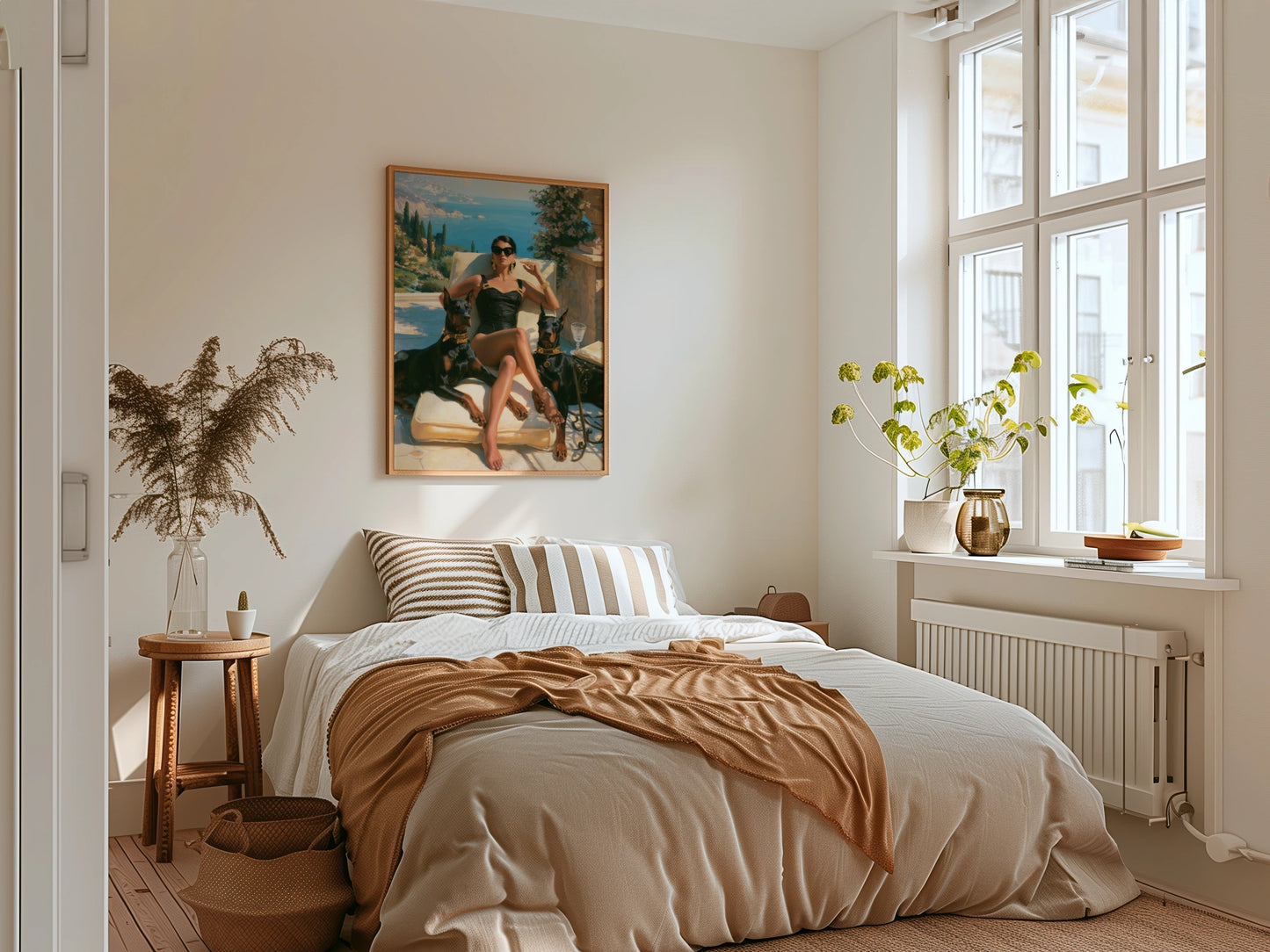 Woman with Dobermanns, Mediterranean Terrace Wall Art, Luxury Oil Painting Style