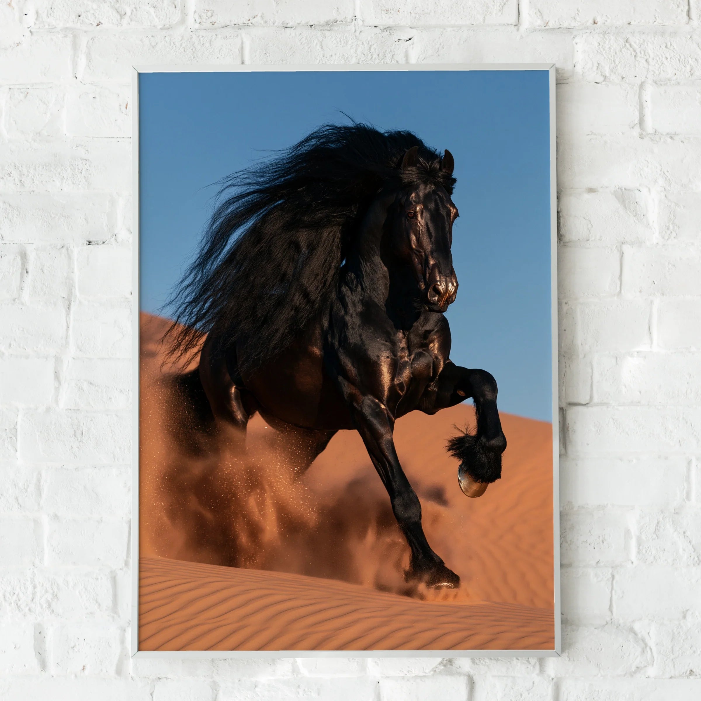 Black Friesian Horse Desert Sand Dunes Poster, Dramatic Equine Wall Art