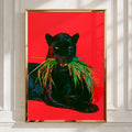 Black Panther Red Sofa Poster, Bold Animal Art Print, Maximalist Interior