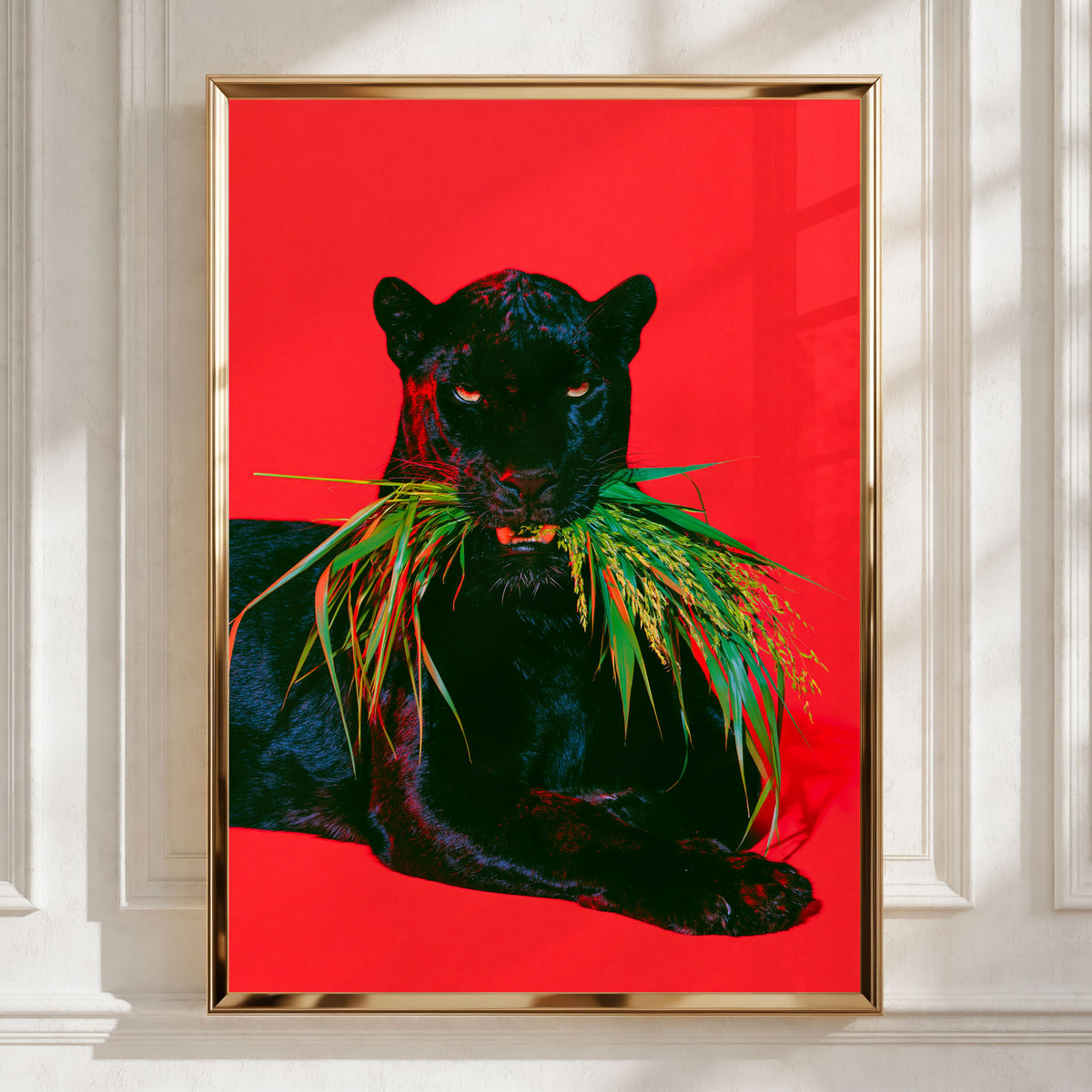 Black Panther Red Sofa Poster, Bold Animal Art Print, Maximalist Interior