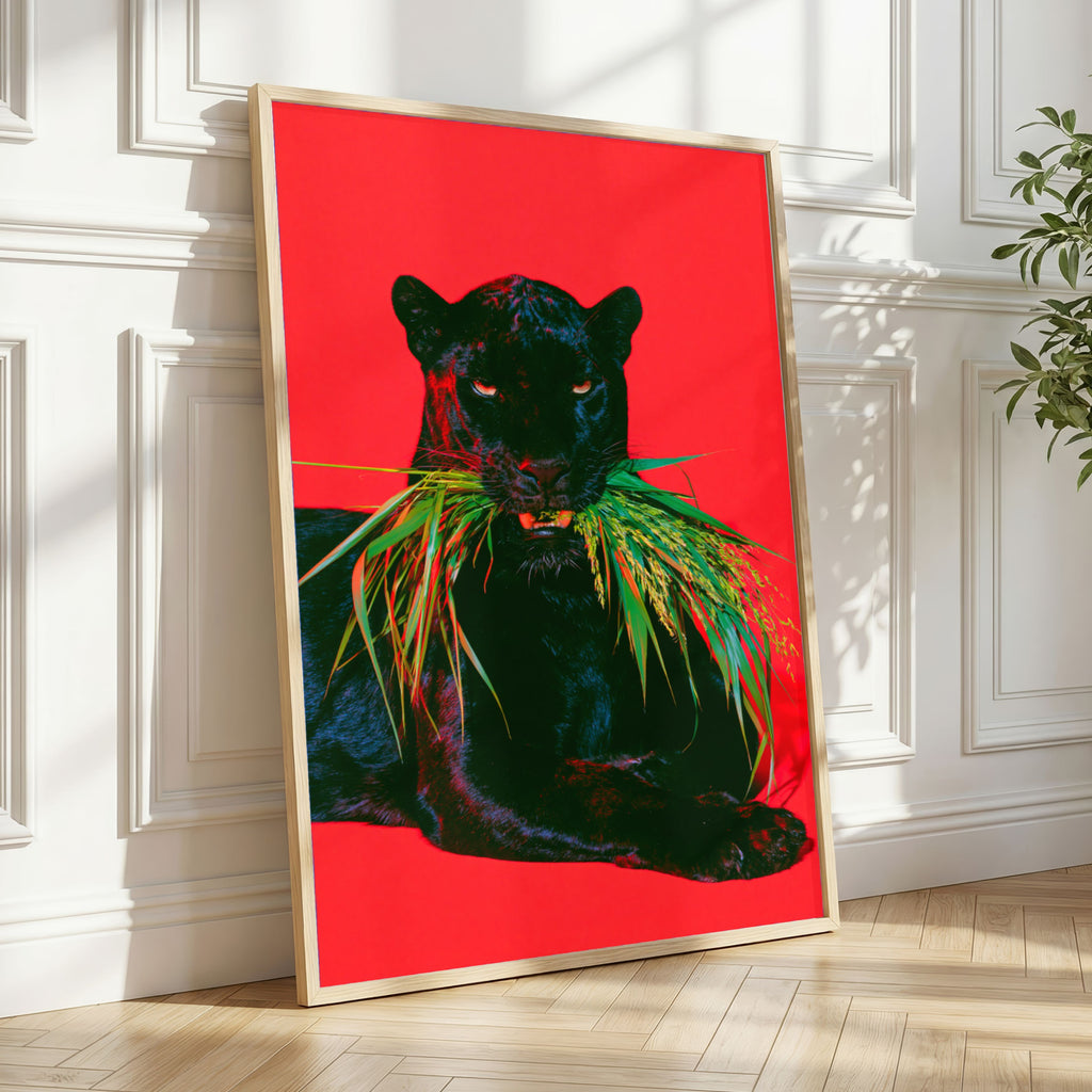 Black Panther Red Sofa Poster, Bold Animal Art Print, Maximalist Interior