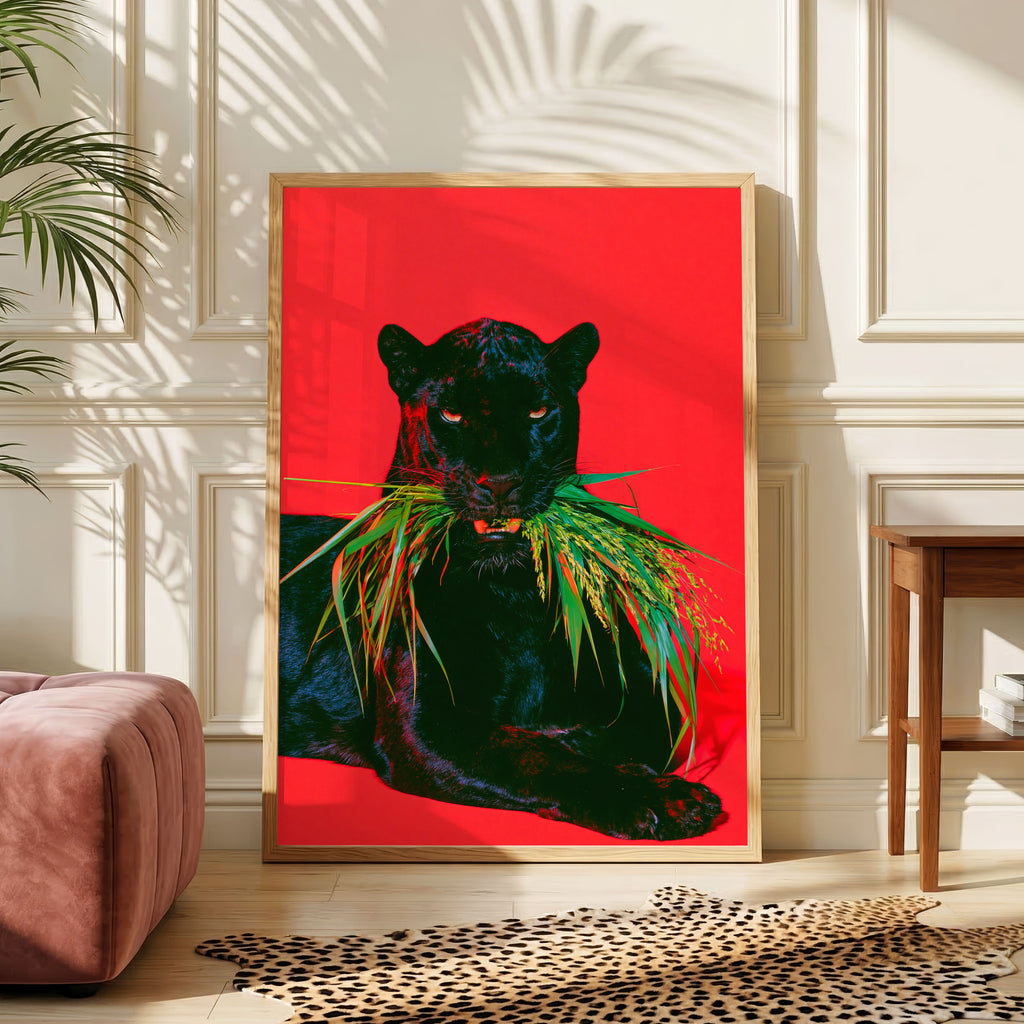 Black Panther Red Sofa Poster, Bold Animal Art Print, Maximalist Interior