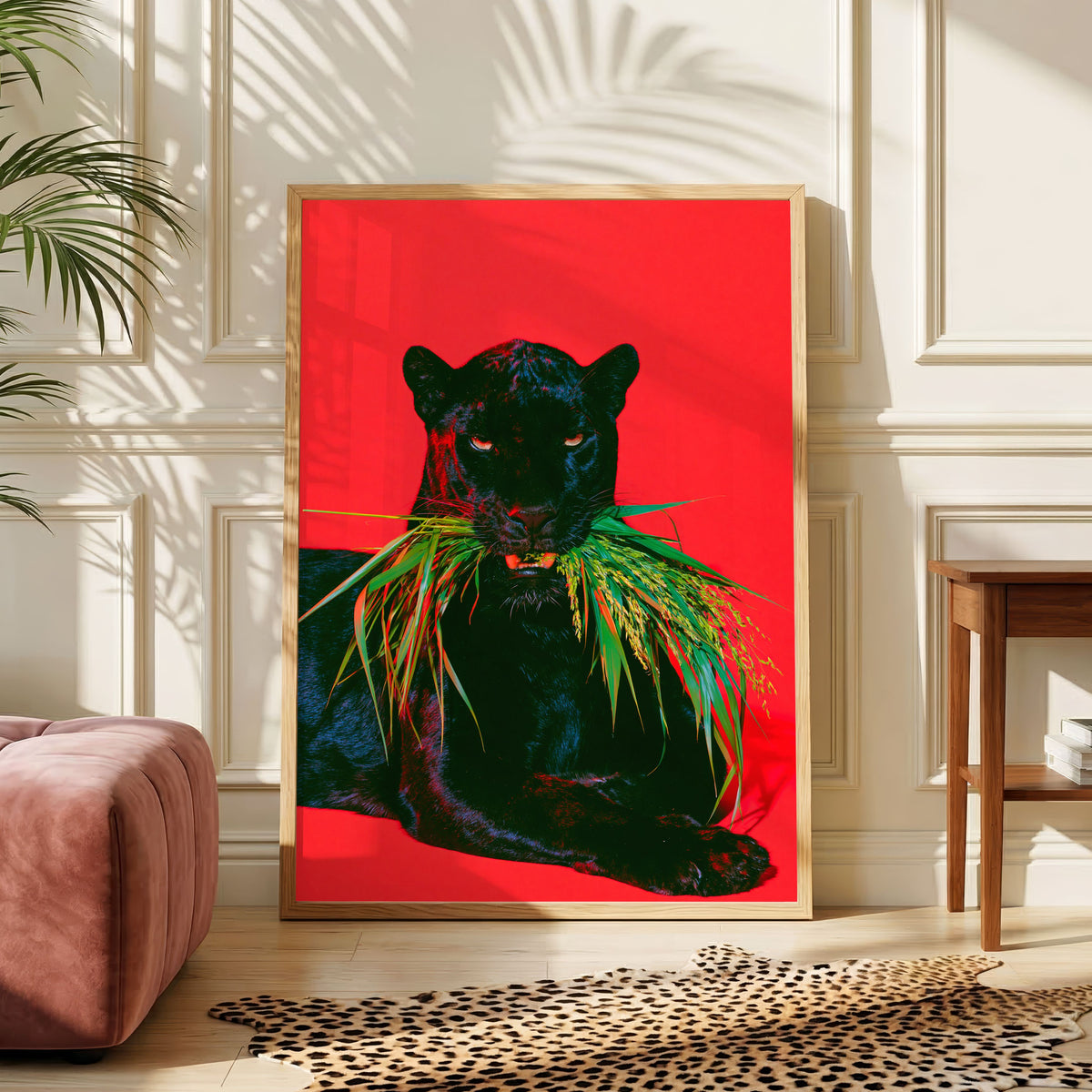 Black Panther Red Sofa Poster, Bold Animal Art Print, Maximalist Interior