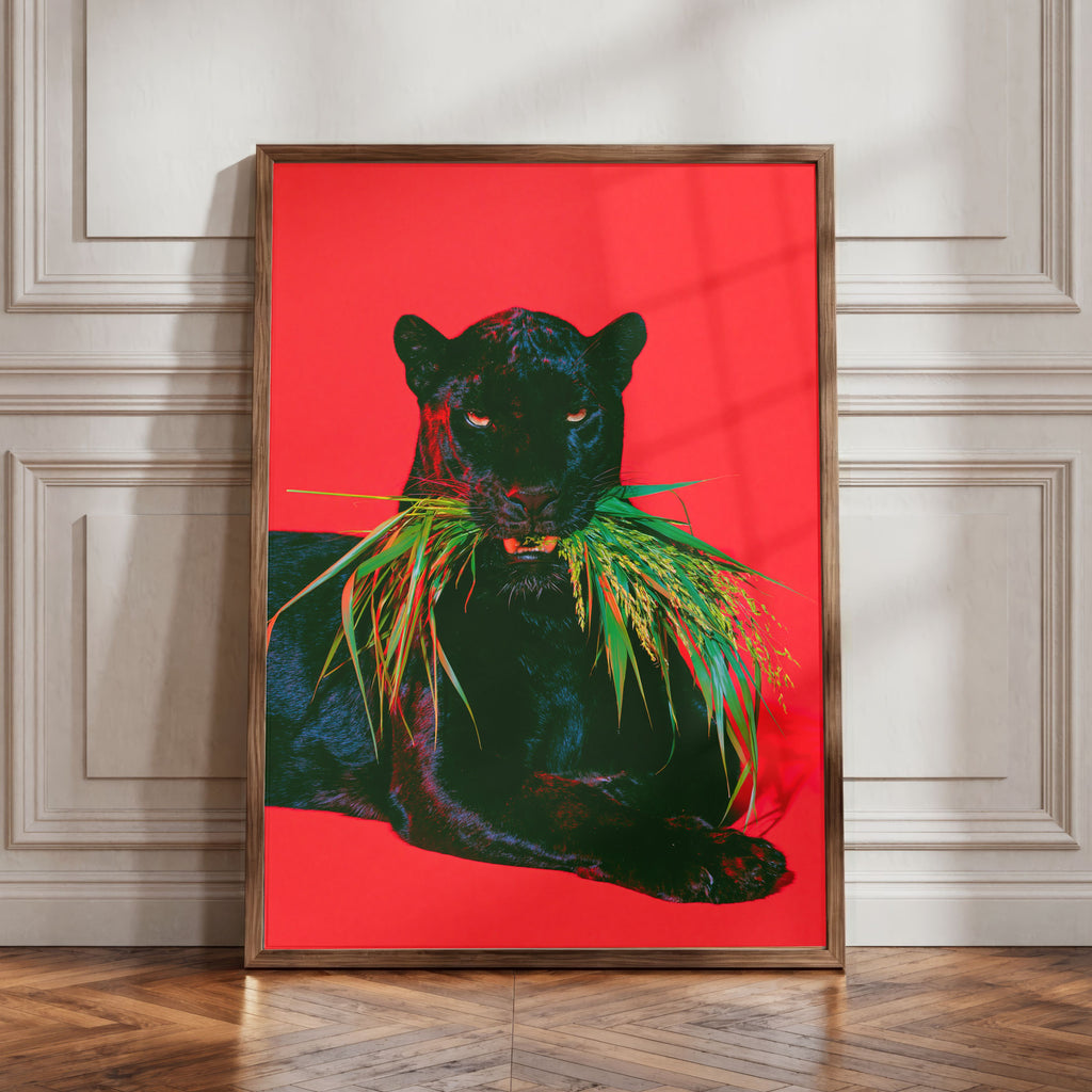 Black Panther Red Sofa Poster, Bold Animal Art Print, Maximalist Interior
