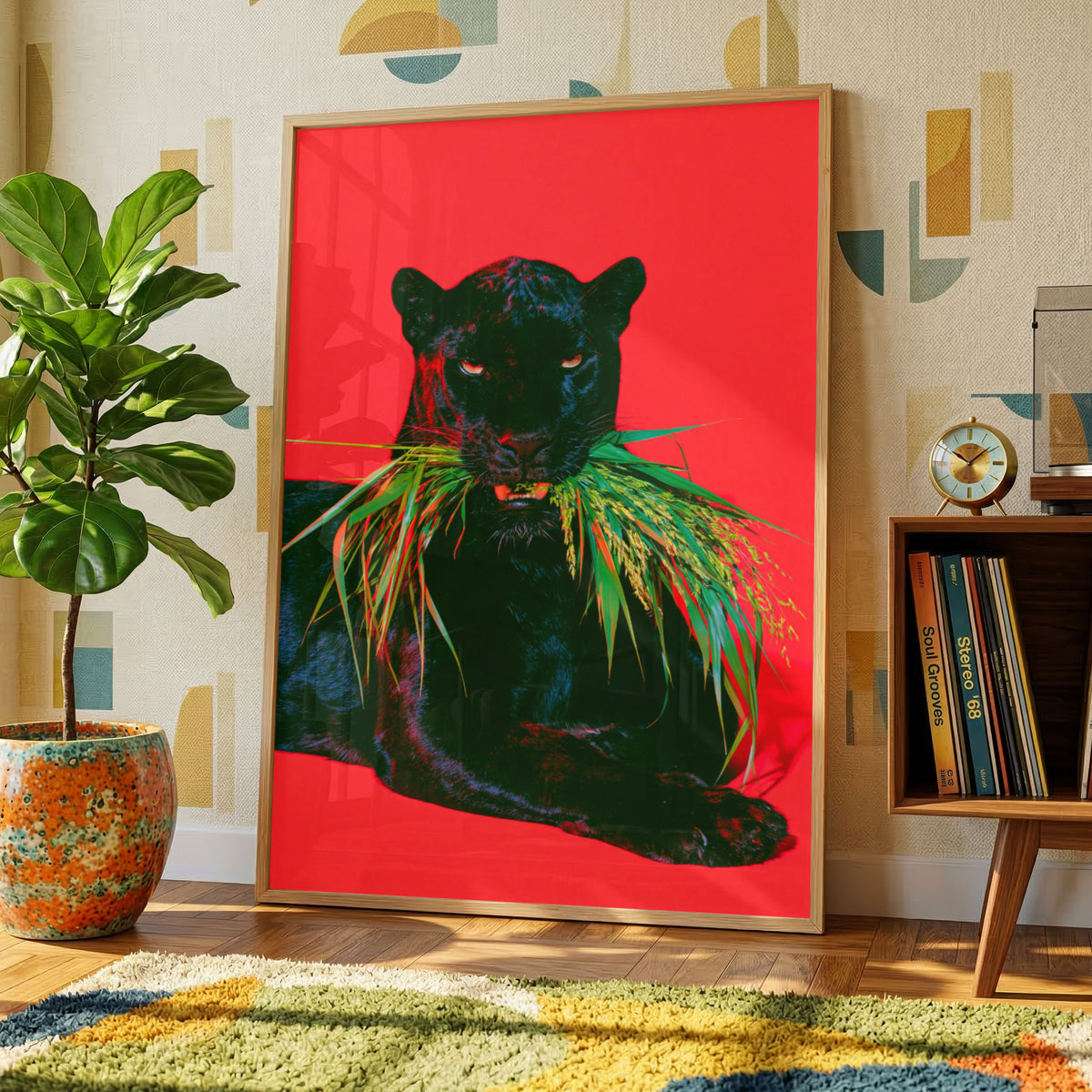 Black Panther Red Sofa Poster, Bold Animal Art Print, Maximalist Interior