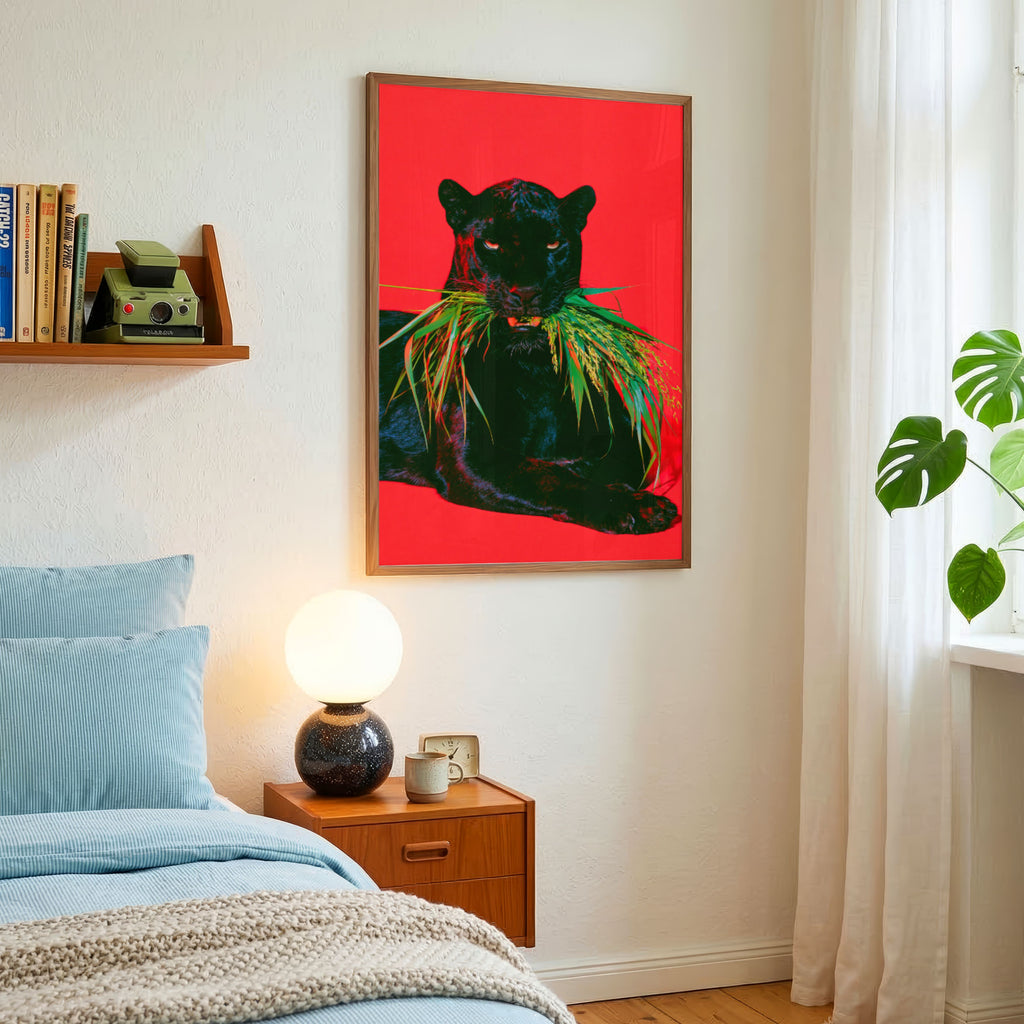 Black Panther Red Sofa Poster, Bold Animal Art Print, Maximalist Interior