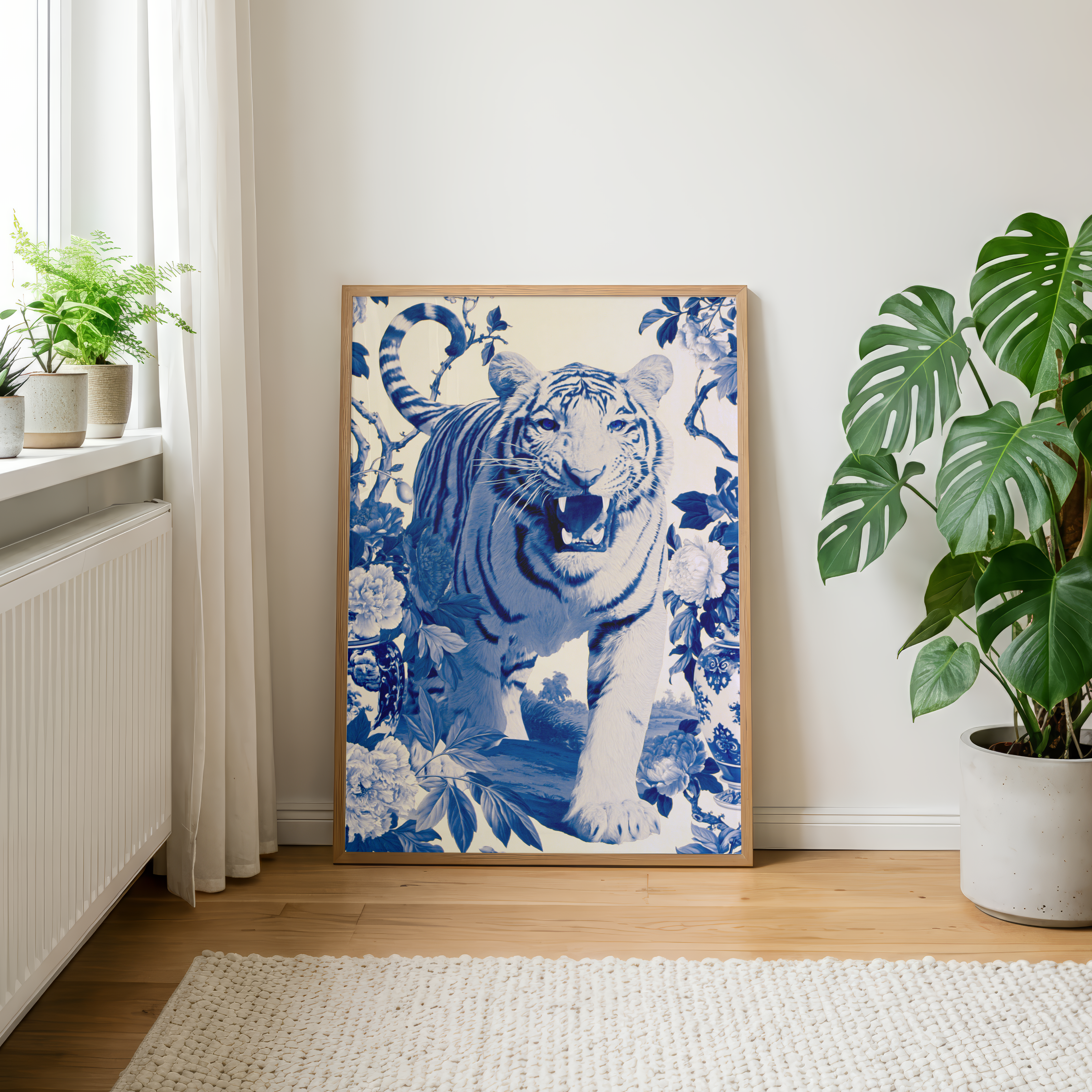 Blue Tiger Wall Art, Chinoiserie Animal Print, Botanical Illustration, Blue White Decor