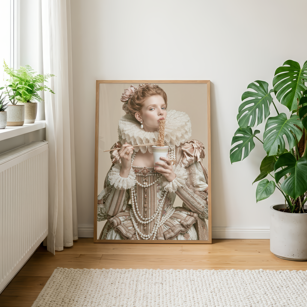 Renaissance Queen Eating Instant Noodles Poster, Baroque Humour Wall Art