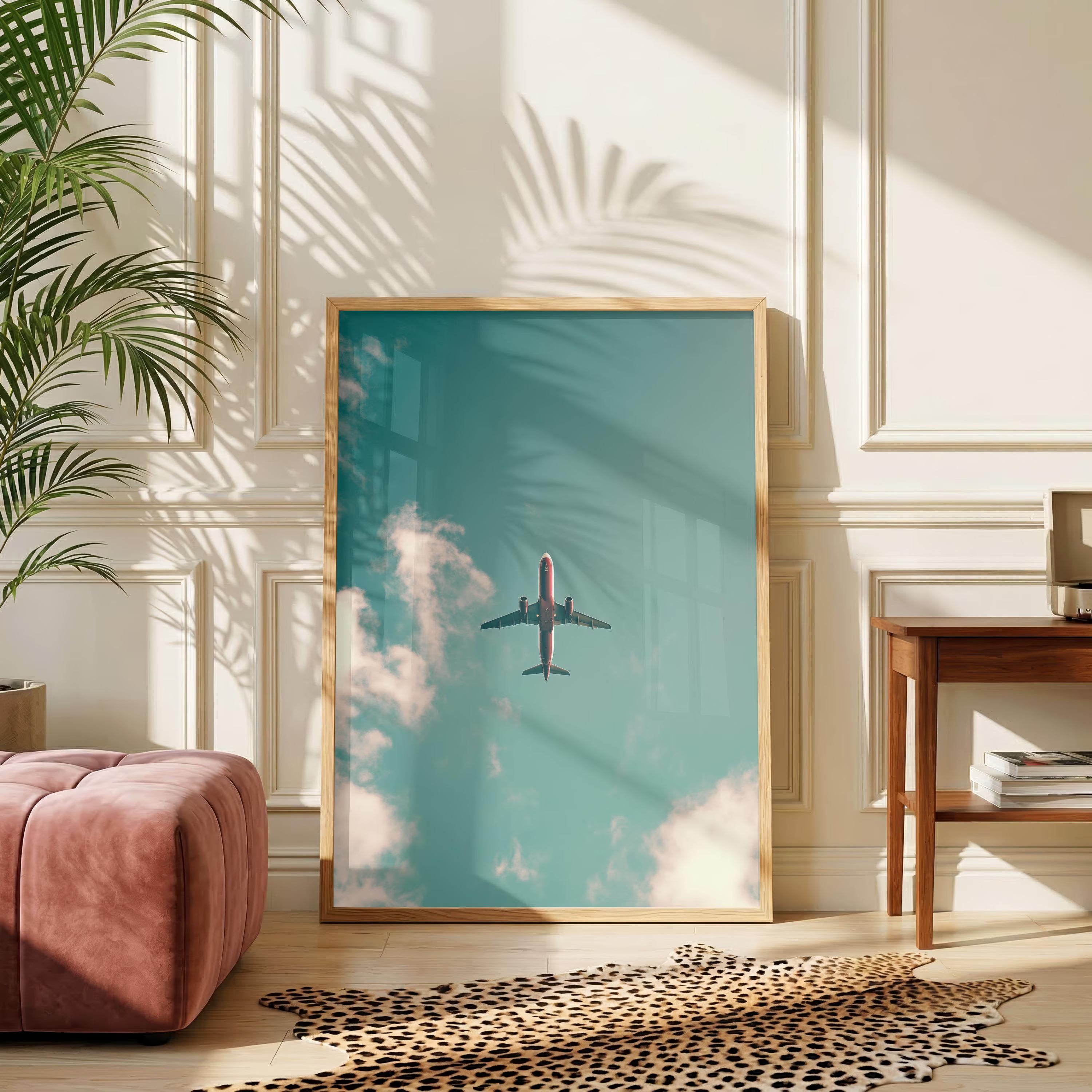 Plane Silhouette Sunset Beach Poster, Starry Sky Ocean Wall Art Print (Copy)