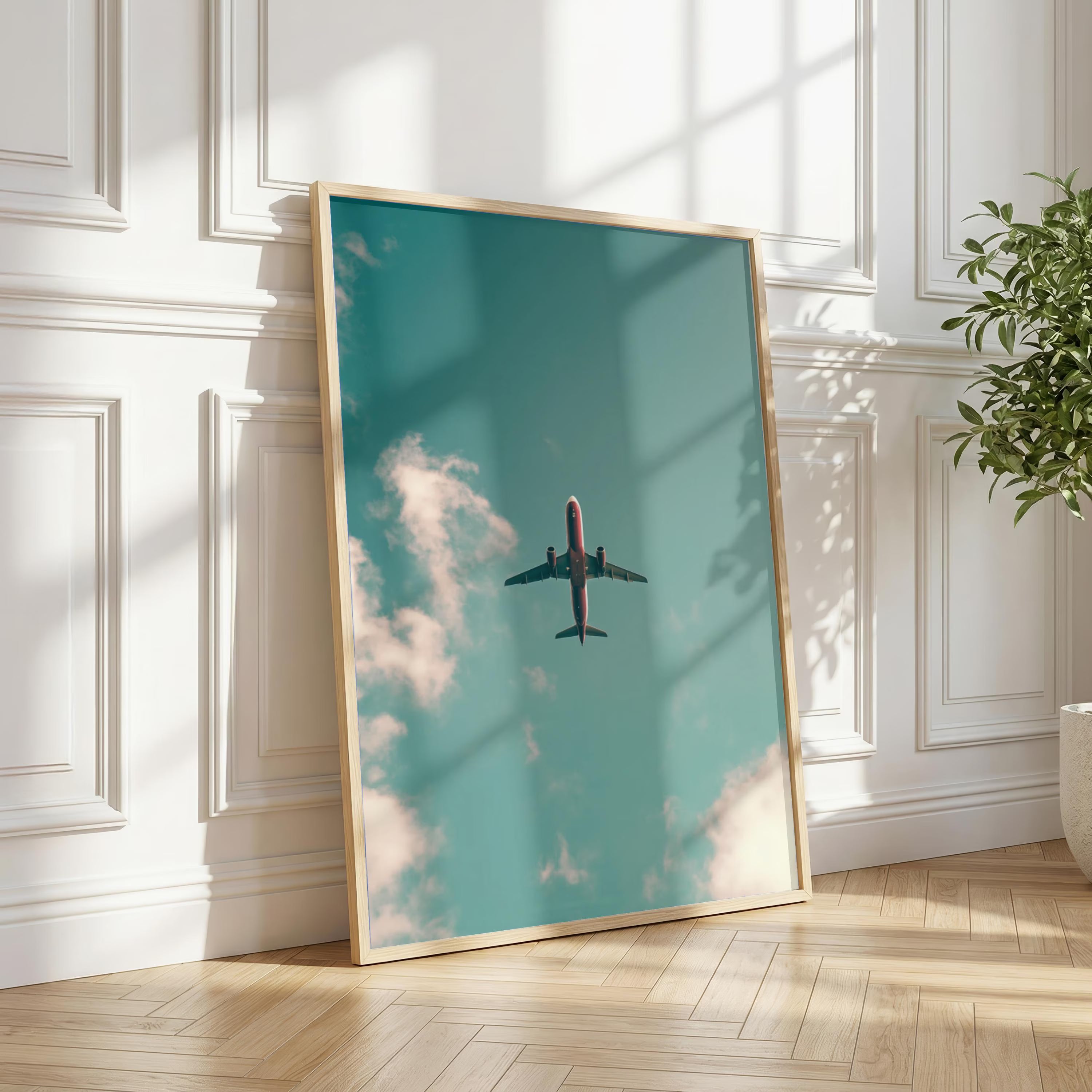Plane Silhouette Sunset Beach Poster, Starry Sky Ocean Wall Art Print (Copy)