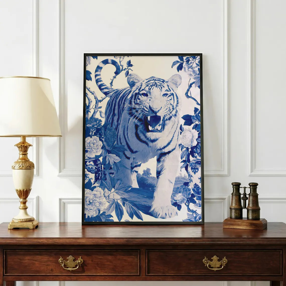 Blue Tiger Wall Art, Chinoiserie Animal Print, Botanical Illustration, Blue White Decor