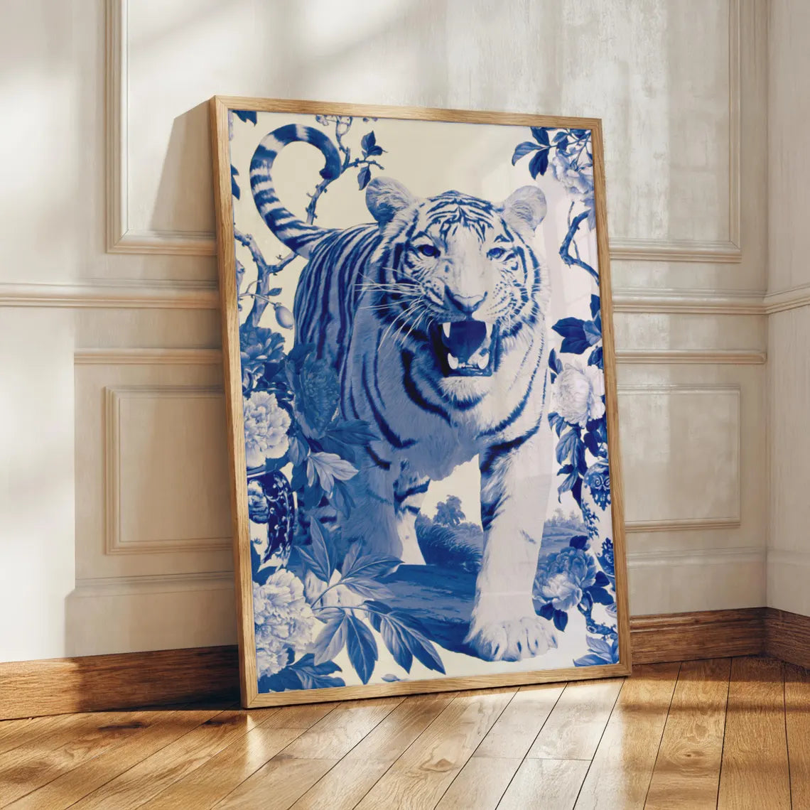 Blue Tiger Wall Art, Chinoiserie Animal Print, Botanical Illustration, Blue White Decor
