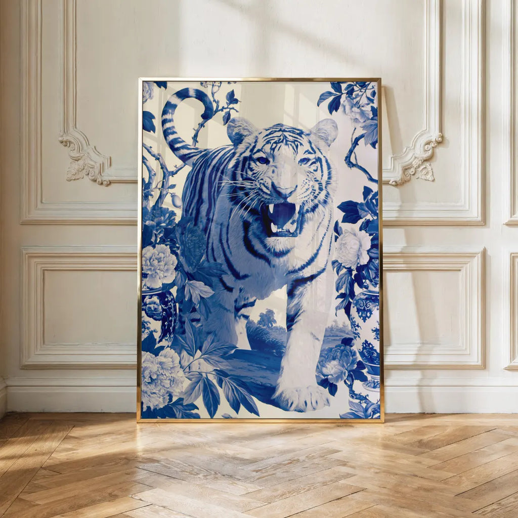 Blue Tiger Wall Art, Chinoiserie Animal Print, Botanical Illustration, Blue White Decor