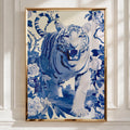 Blue Tiger Wall Art, Chinoiserie Animal Print, Botanical Illustration, Blue White Decor