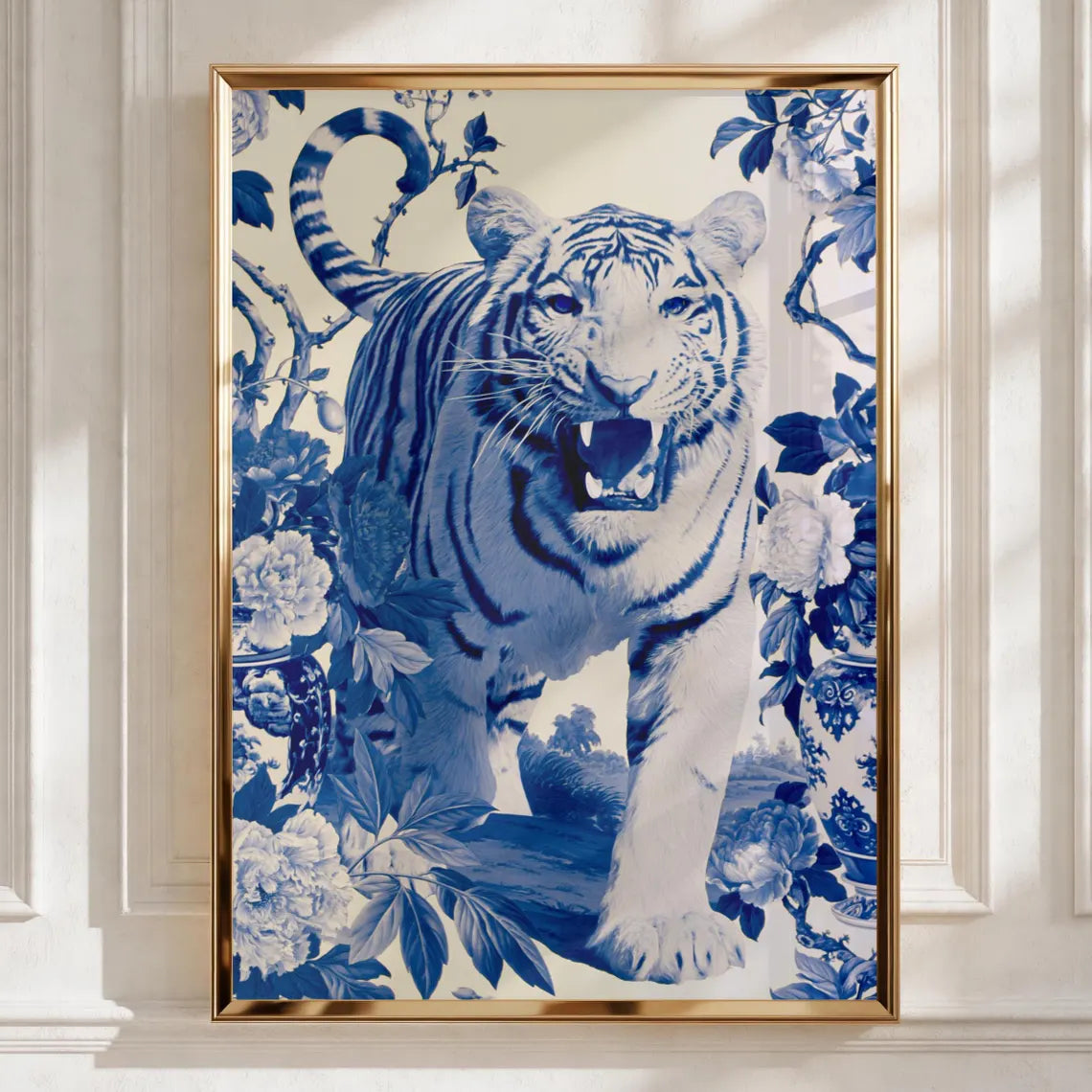 Blue Tiger Wall Art, Chinoiserie Animal Print, Botanical Illustration, Blue White Decor