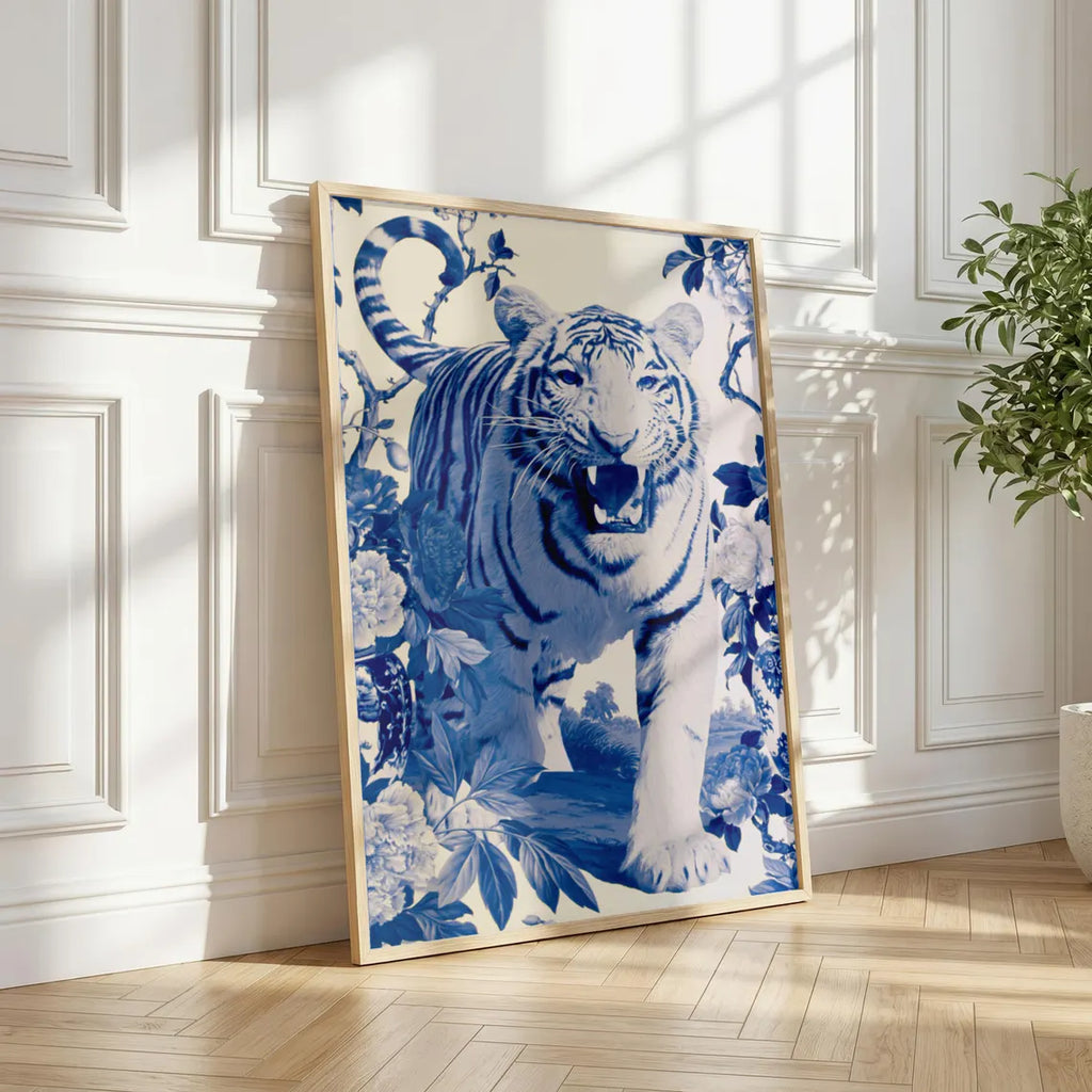 Blue Tiger Wall Art, Chinoiserie Animal Print, Botanical Illustration, Blue White Decor