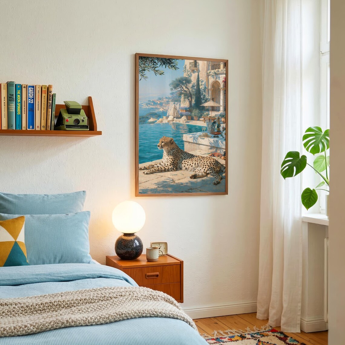 Old Money Wall Art, Luxury Mediterranean Villa Print, Cheetah Poolside Illustration