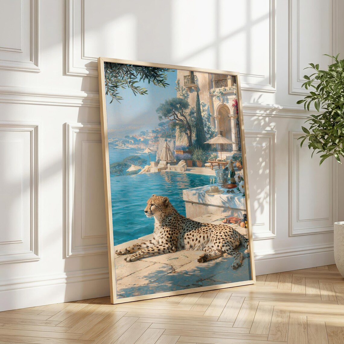 Old Money Wall Art, Luxury Mediterranean Villa Print, Cheetah Poolside Illustration