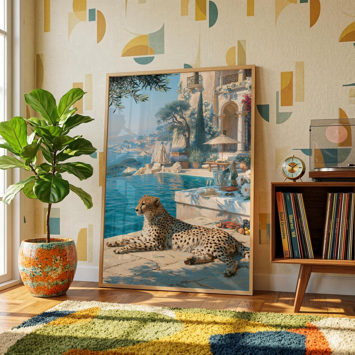 Old Money Wall Art, Luxury Mediterranean Villa Print, Cheetah Poolside Illustration