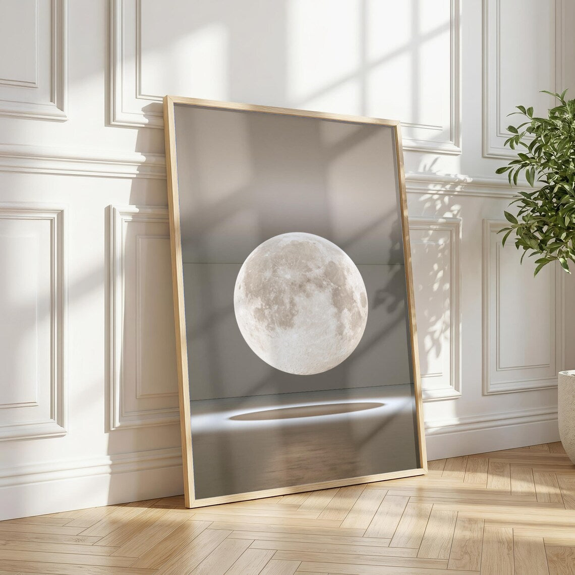 Suspended Moon Gallery Installation Poster, Lunar Art Print, Minimalist