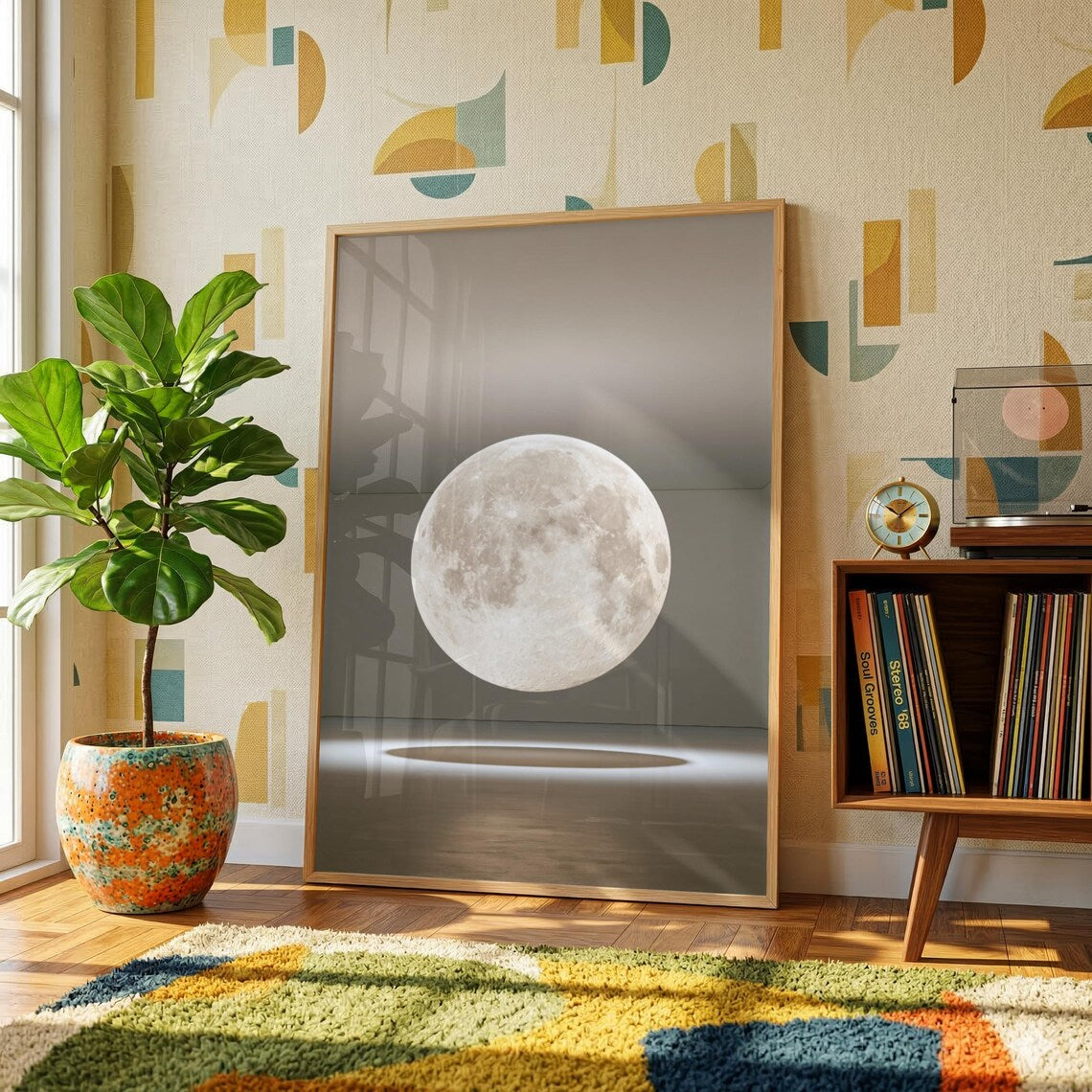 Suspended Moon Gallery Installation Poster, Lunar Art Print, Minimalist
