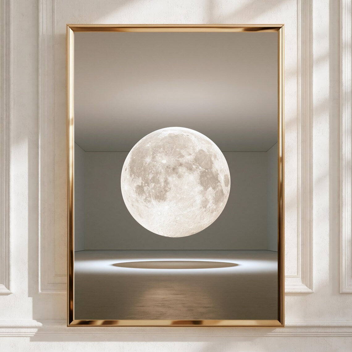 Suspended Moon Gallery Installation Poster, Lunar Art Print, Minimalist