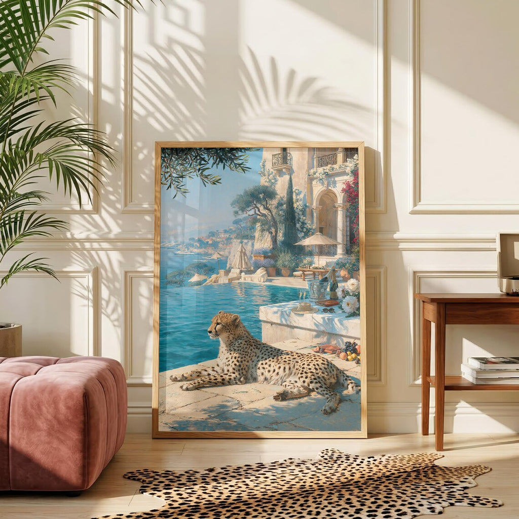 Old Money Wall Art, Luxury Mediterranean Villa Print, Cheetah Poolside Illustration