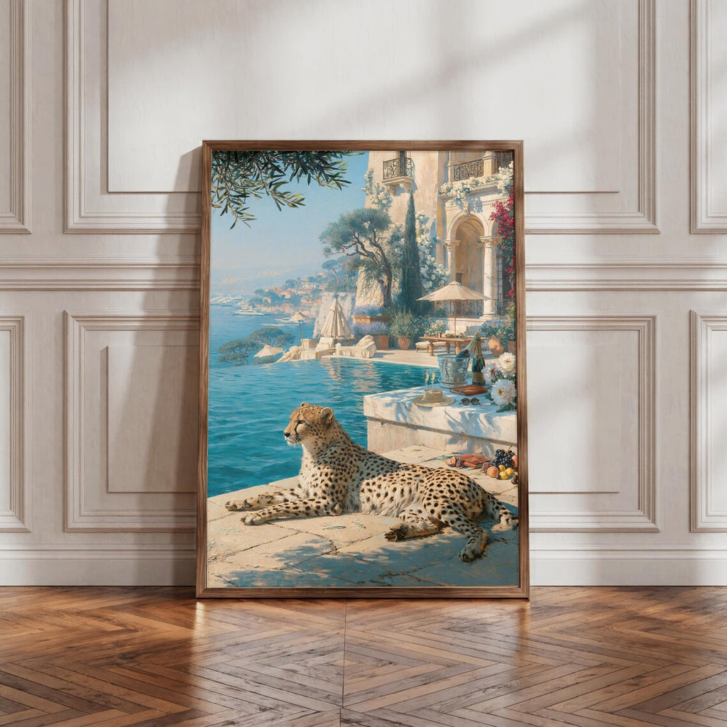 Old Money Wall Art, Luxury Mediterranean Villa Print, Cheetah Poolside Illustration