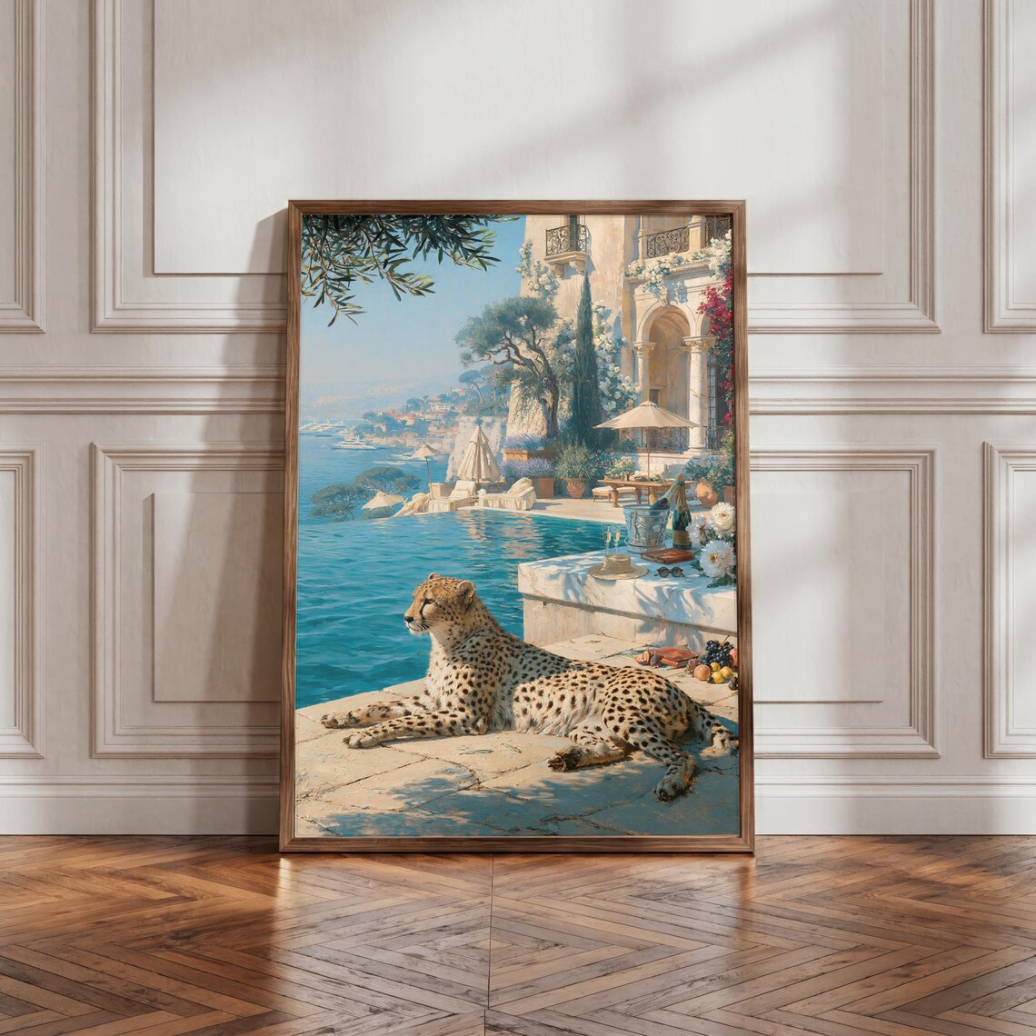 Old Money Wall Art, Luxury Mediterranean Villa Print, Cheetah Poolside Illustration