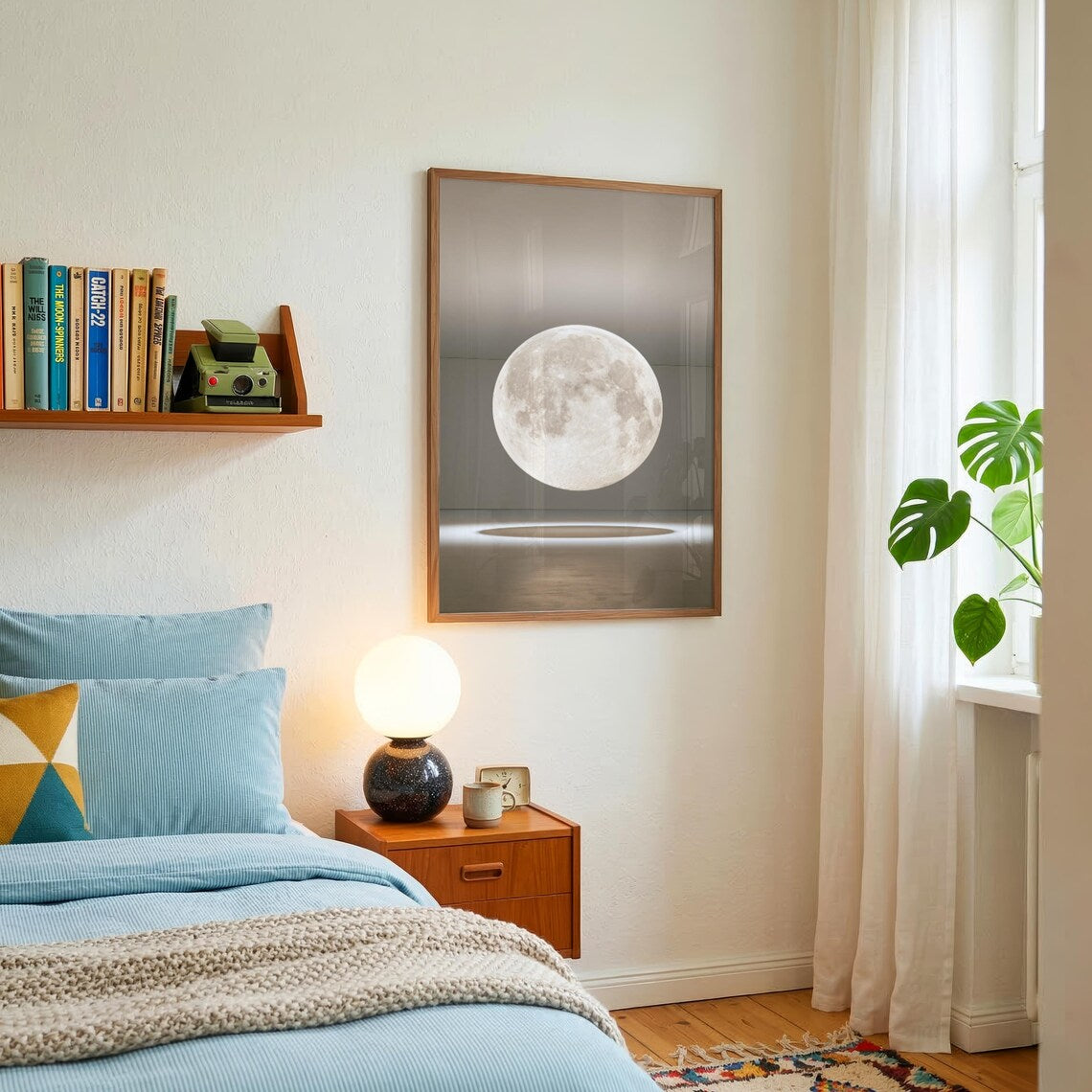 Suspended Moon Gallery Installation Poster, Lunar Art Print, Minimalist
