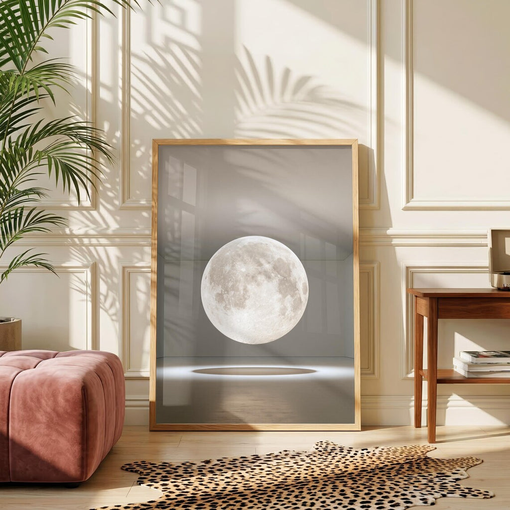 Suspended Moon Gallery Installation Poster, Lunar Art Print, Minimalist