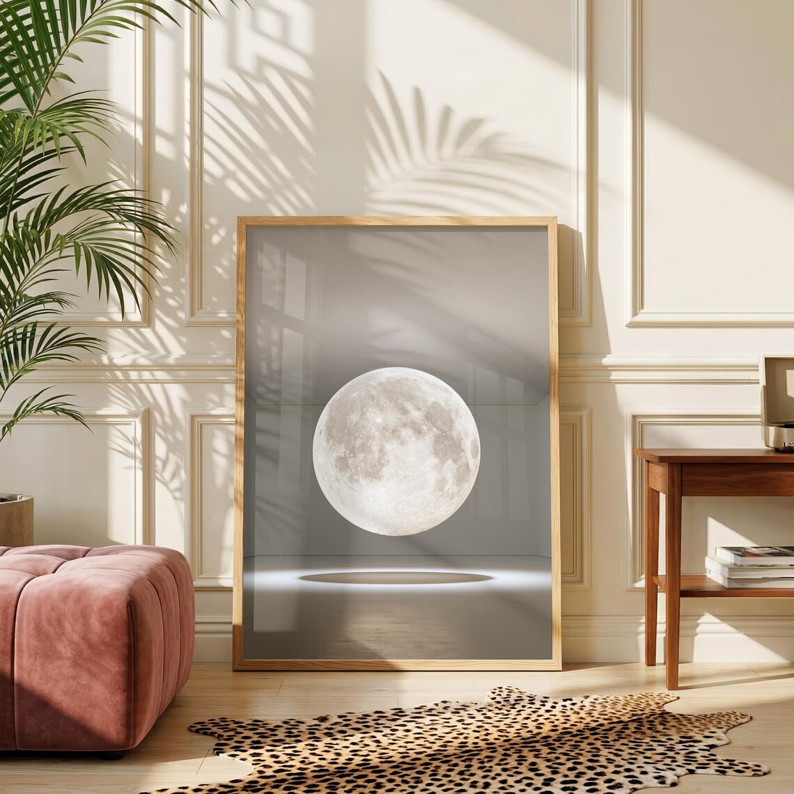 Suspended Moon Gallery Installation Poster, Lunar Art Print, Minimalist