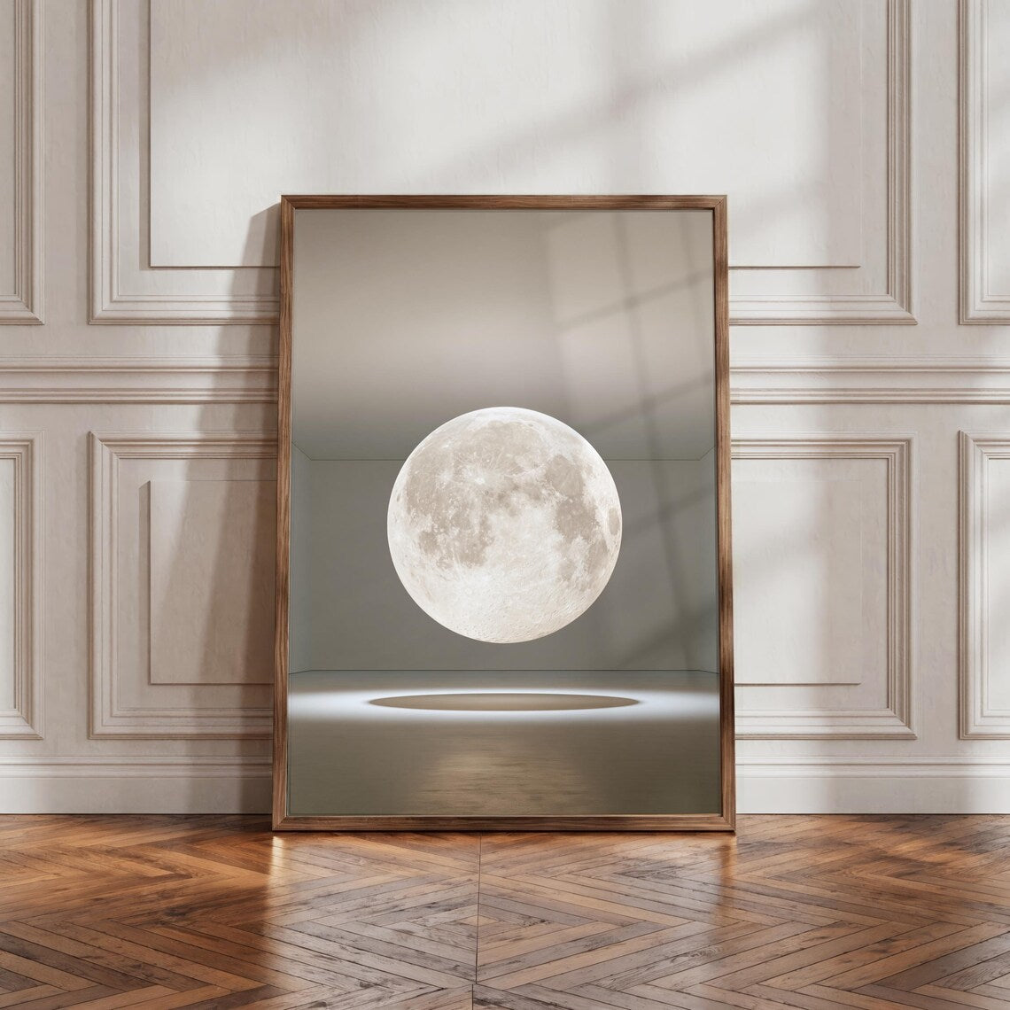 Suspended Moon Gallery Installation Poster, Lunar Art Print, Minimalist