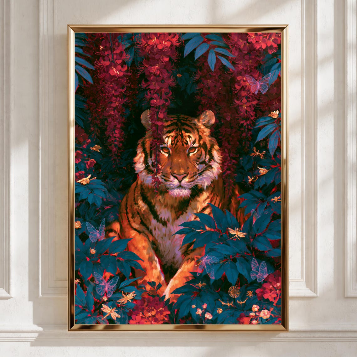 Tiger Behind Blossoming Flowers, Wall Art Print, Nature-Inspired Decor, Rustic Home Style