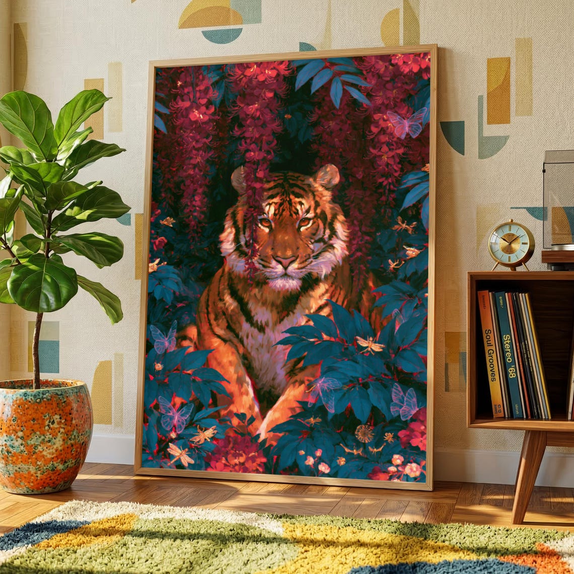 Tiger Behind Blossoming Flowers, Wall Art Print, Nature-Inspired Decor, Rustic Home Style