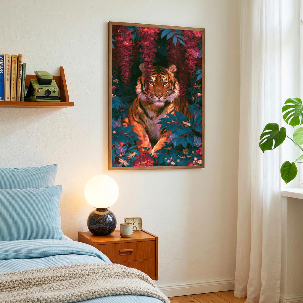 Tiger Behind Blossoming Flowers, Wall Art Print, Nature-Inspired Decor, Rustic Home Style