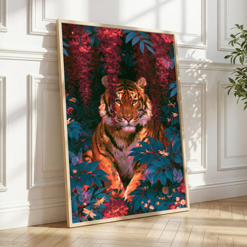 Tiger Behind Blossoming Flowers, Wall Art Print, Nature-Inspired Decor, Rustic Home Style