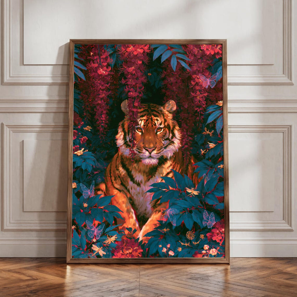 Tiger Behind Blossoming Flowers, Wall Art Print, Nature-Inspired Decor, Rustic Home Style
