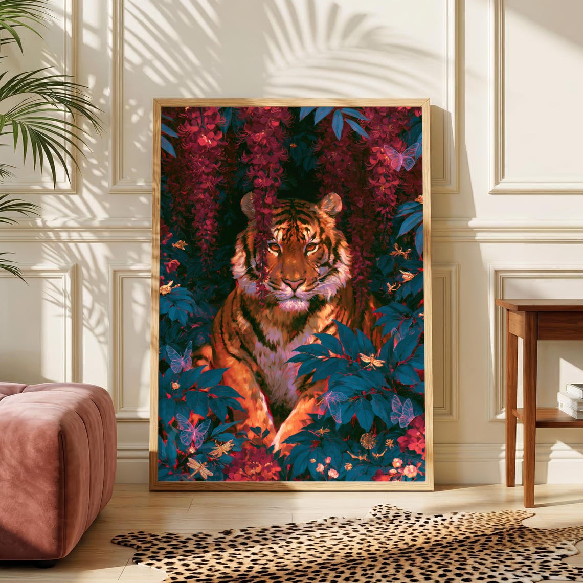 Tiger Behind Blossoming Flowers, Wall Art Print, Nature-Inspired Decor, Rustic Home Style