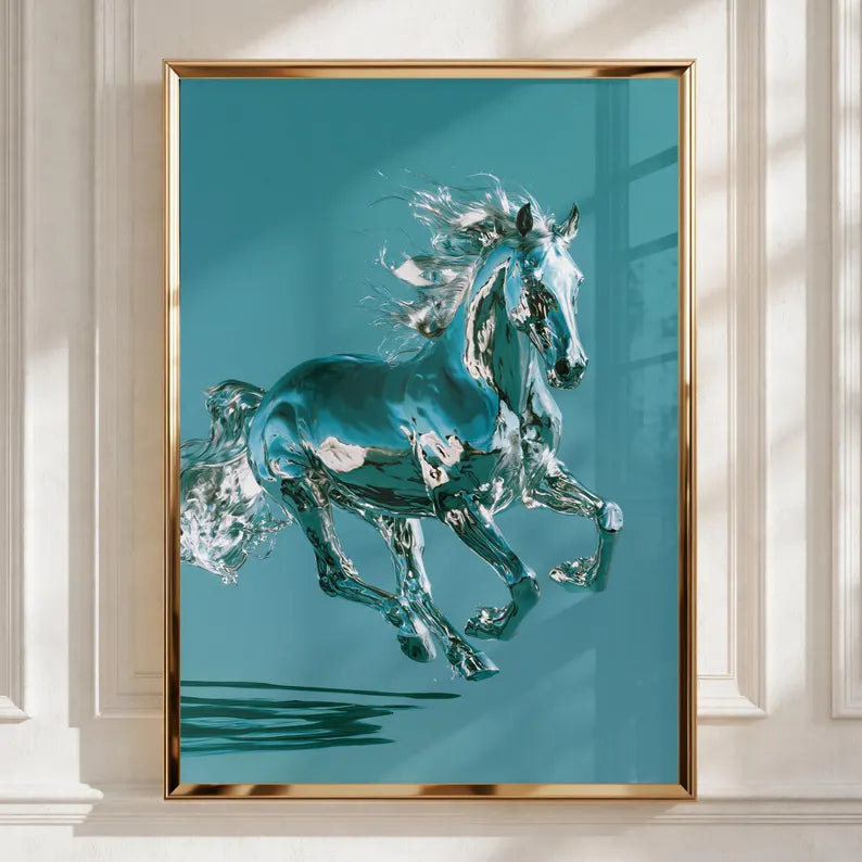 Chrome Horse Poster, Running Horse Wall Art, Teal Modern Print