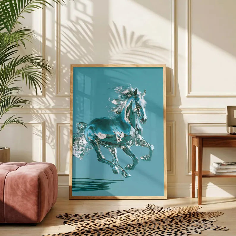 Chrome Horse Poster, Running Horse Wall Art, Teal Modern Print