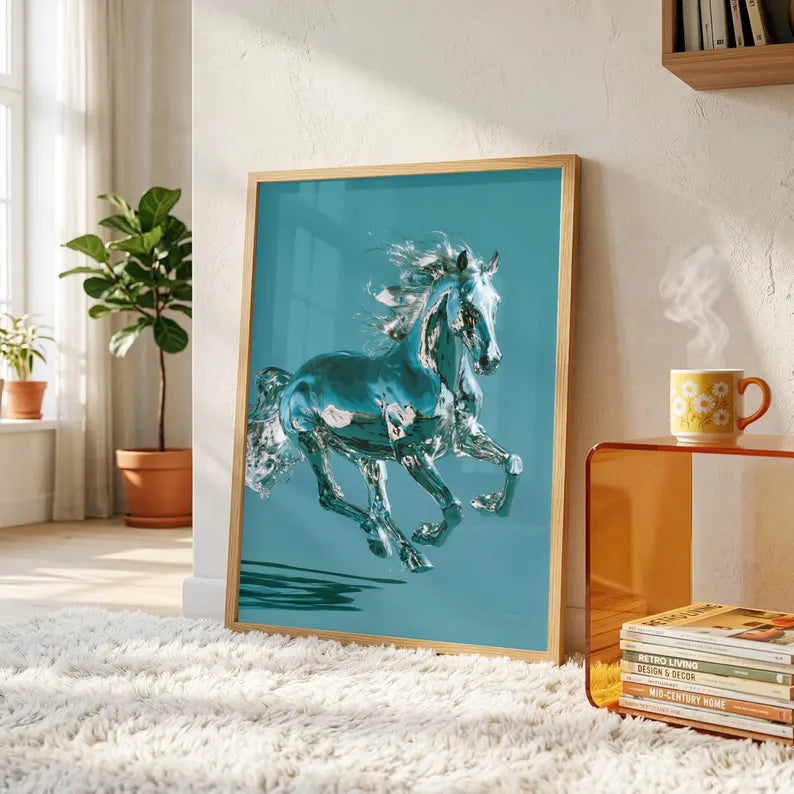 Chrome Horse Poster, Running Horse Wall Art, Teal Modern Print