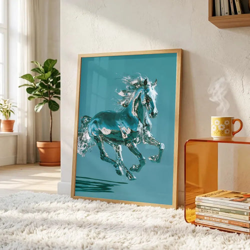 Chrome Horse Poster, Running Horse Wall Art, Teal Modern Print