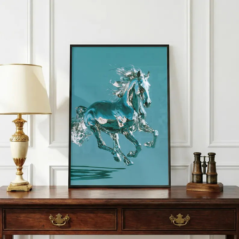 Chrome Horse Poster, Running Horse Wall Art, Teal Modern Print