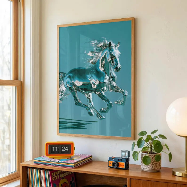 Chrome Horse Poster, Running Horse Wall Art, Teal Modern Print
