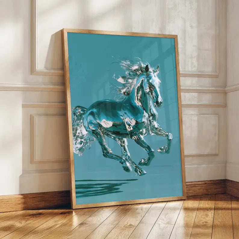 Chrome Horse Poster, Running Horse Wall Art, Teal Modern Print