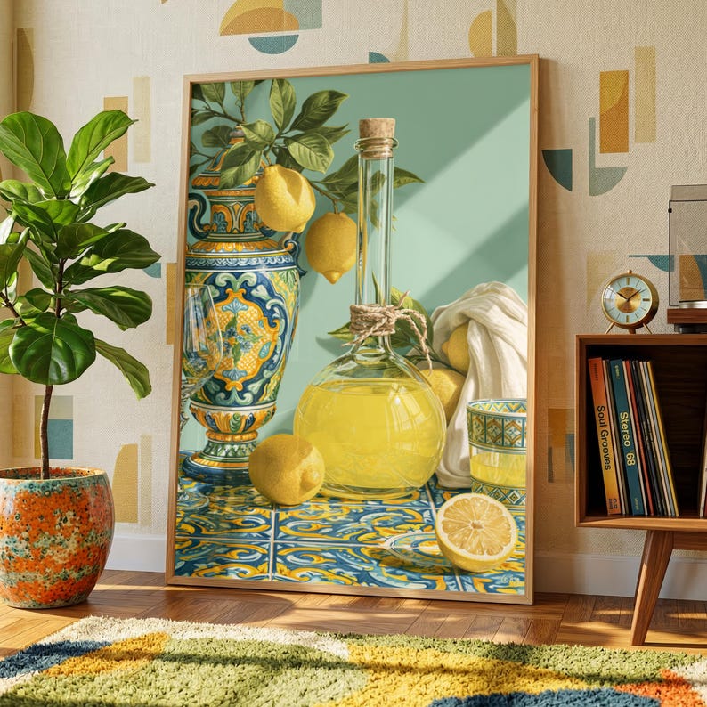 Limoncello Still Life Art, Lemon Drink Print, Colourful Kitchen Wall Art