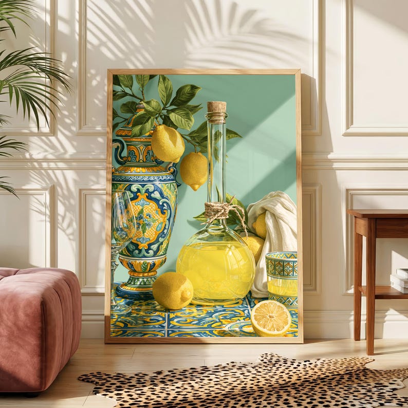 Limoncello Still Life Art, Lemon Drink Print, Colourful Kitchen Wall Art