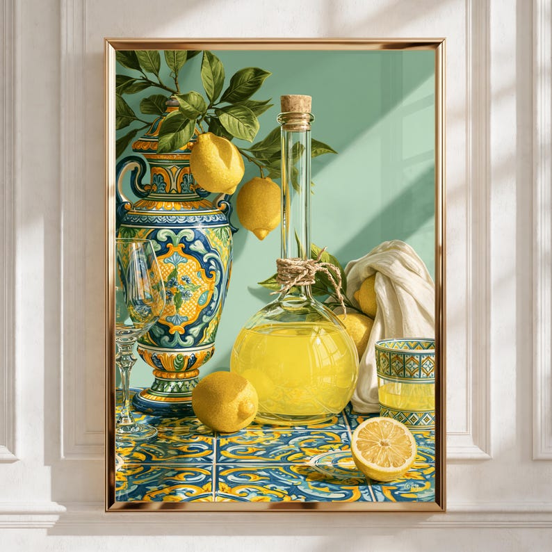Limoncello Still Life Art, Lemon Drink Print, Colourful Kitchen Wall Art
