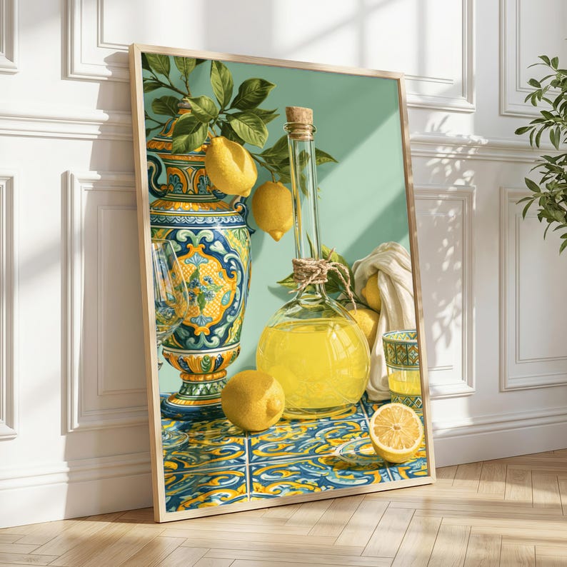 Limoncello Still Life Art, Lemon Drink Print, Colourful Kitchen Wall Art